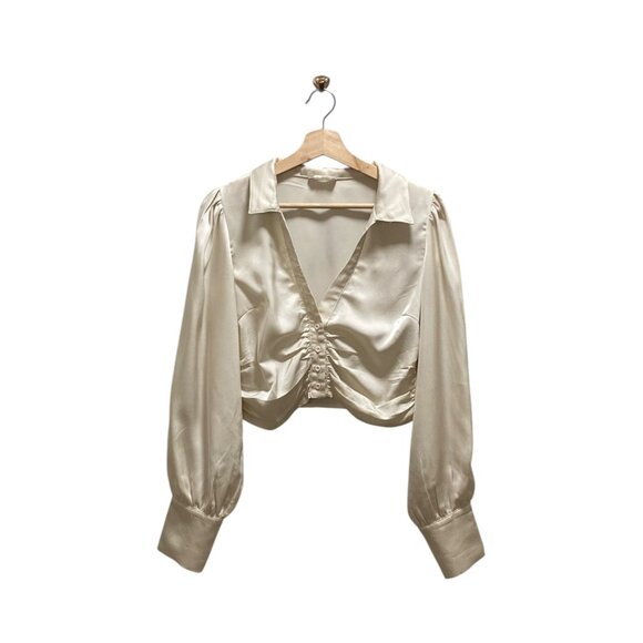 Altar’d State Satin Cropped Ruched Pirate Blouse Cream Size M Festival Baddie - Picture 2 of 12